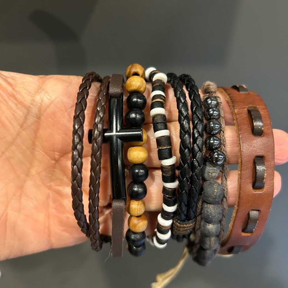Men's Multiple Leather and Bead Bracelets.